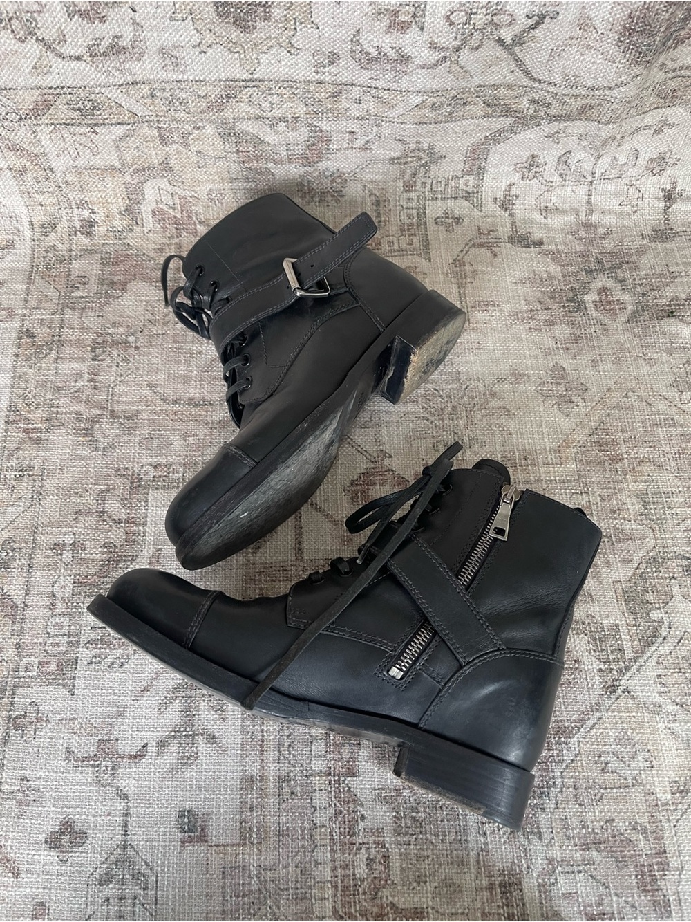 Prada Monk Strap Black Leather Lace-Up Combat Ankle Boots with Buckle - Picture 3 of 10